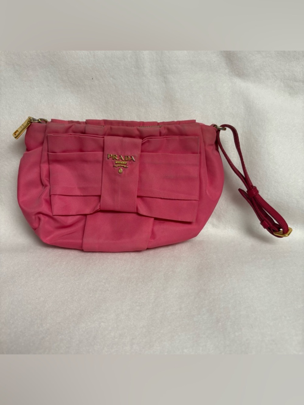 PRADA Pink Nylon Flat Bow Pouch Leather Wristlet Strap Ribbon